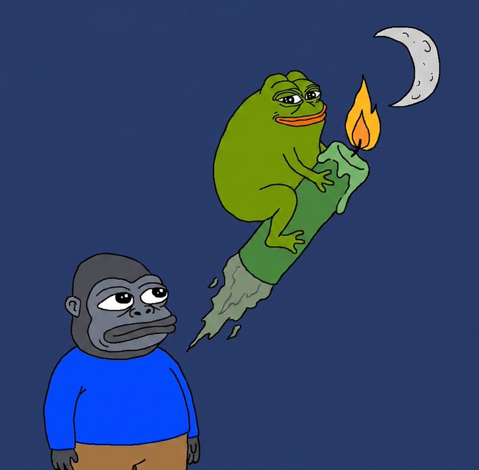 A meme image shows a gorilla looking up at a frog riding a rocket toward a crescent moon against a dark blue sky.