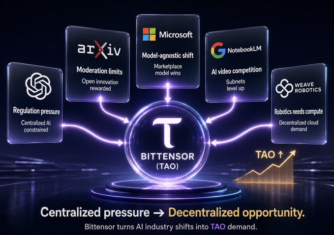 A Bittensor (TAO) promotional graphic showing centralized AI companies (OpenAI, arXiv, Microsoft, NotebookLM, Weave Robotics) feeding into the decentralized TAO token, with text 'Centralized pressure → Decentralized opportunity.'