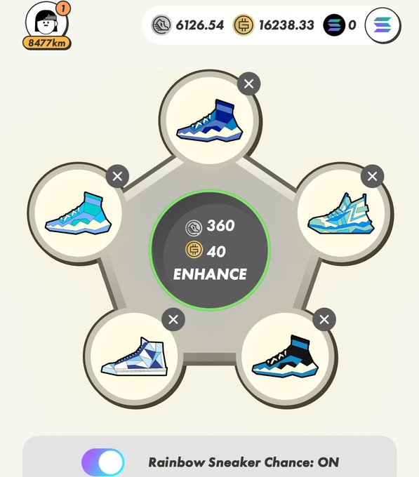 The image shows a shoe store display with five different types of shoes arranged around a circle, each with its own price tag. The prices are displayed in both Japanese yen (¥) and US dollars (USD). There are also some descriptions provided for each type of shoe, such as "blue sneakers", "white sneakers", and "black sneakers". A button is located at the bottom right corner of the image that says "Rainbow Sneaker Chance: ON".