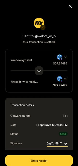 A transaction confirmation receipt showing $29,994,999 worth of MOVE tokens (30 tokens at $29.994999 each) was sent from @moovexyz to @web3t_w_o and officially settled on 1 Sept 2026, with a signature of "5rgC...59hT" and a 1:1 conversion rate. The image serves as visual proof of the user's claimed community rewards from the Moove monthly draw mentioned in the post.