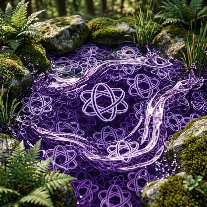 A fantasy scene of a small pond filled with glowing purple liquid containing interlocking ring patterns, surrounded by rocks, moss, and ferns.
