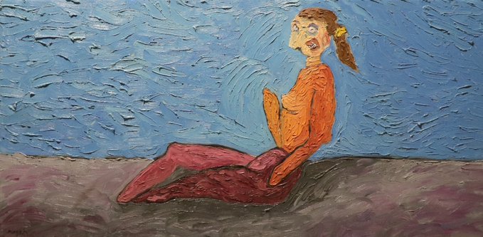 The image features a painting of an orange woman sitting on her knees with her legs crossed. The painting has a blue background that contrasts with the warm tones of the woman's outfit, making her stand out against the backdrop. The artist has used oil pastels for this piece, which adds texture and depth to the artwork. The post includes text that reads "GM and happy Monday I may have a comeback today with oil pastels :D But now look at this beautiful piece by me, love you :). 2/1 Available on TransientLab for 0.1ETH".