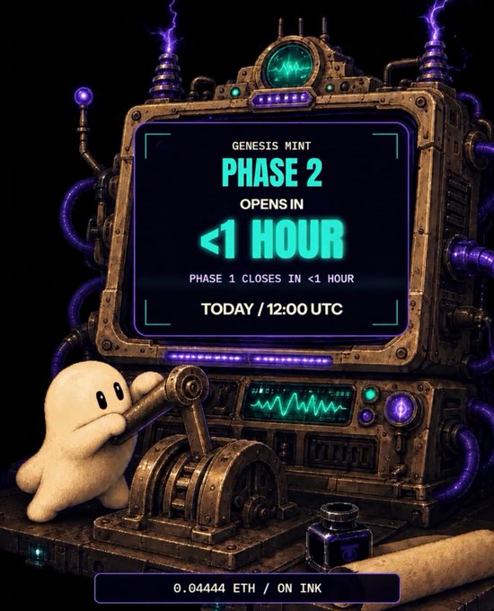 A promotional graphic with a sci-fi retro robot/machine aesthetic featuring a small ghost-like character holding a hammer, with text reading 'GENESIS MINT PHASE 2 OPENS IN <1 HOUR' and '0.04444 ETH / ON INK' at the bottom.