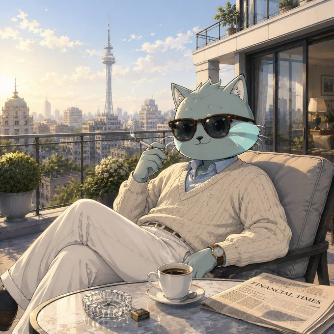 An anime-style illustration of a light blue cat wearing sunglasses, a sweater, and holding a cigarette, lounging on a balcony overlooking a city skyline with a newspaper and coffee nearby.