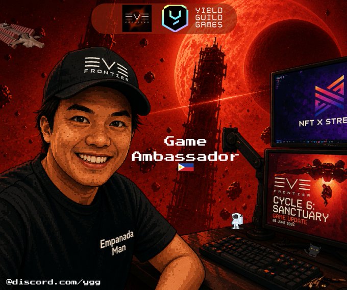 A promotional image for EVE Frontier's Cycle 6: Sanctuary Game Update, showing a smiling 'Empanada Man' wearing an EVE Frontier cap in front of a red space-themed backdrop with dual monitors.