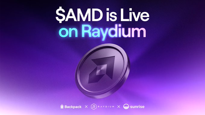A promotional graphic with a purple gradient background featuring the text "$AMD is Live on Raydium" above a 3D rendered coin displaying a diamond-shaped logo. The bottom of the image credits "Backpack x RAYDIUM x sunrise," highlighting the partnership between these platforms to enable 24/7 trading of AMD on Solana.