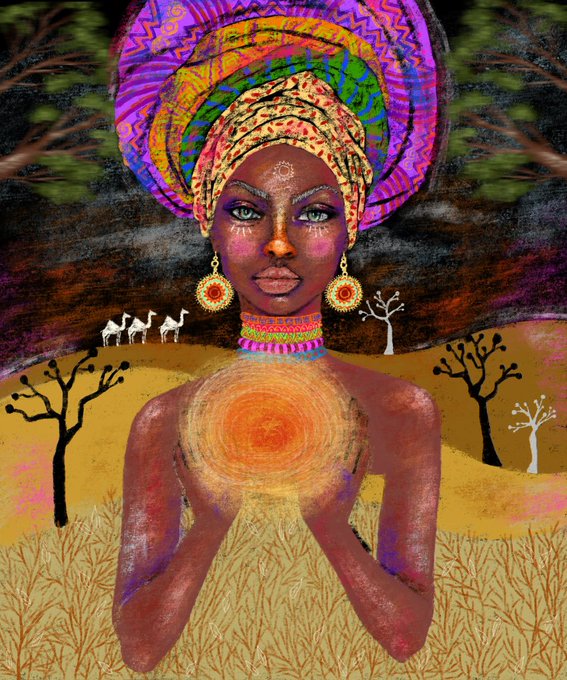 A vibrant illustration of a Black woman with a colorful headwrap, green eyes, and large earrings, holding a glowing orange orb in her hands against an African savanna background with trees and camels.
