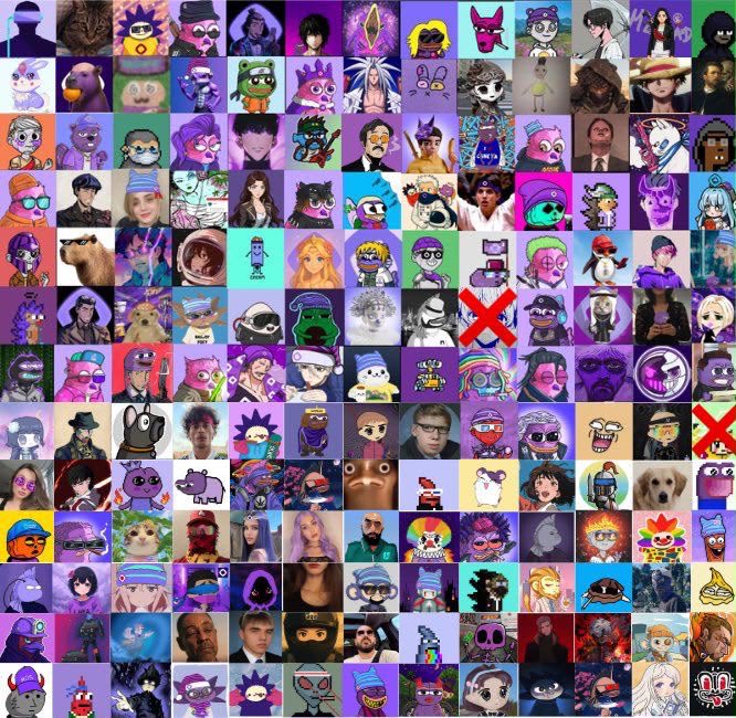 A large grid collage of NFT profile pictures (PFPs) featuring various cartoon characters, anime figures, animals, and stylized avatars. A few of the avatars are marked with large red 'X' symbols.
