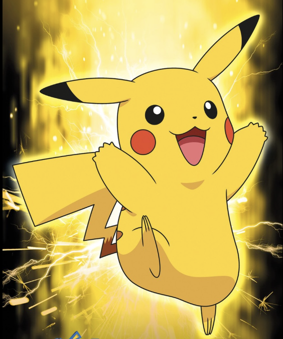 An animated illustration of Pikachu, the yellow Pokémon character, surrounded by glowing yellow lightning effects.