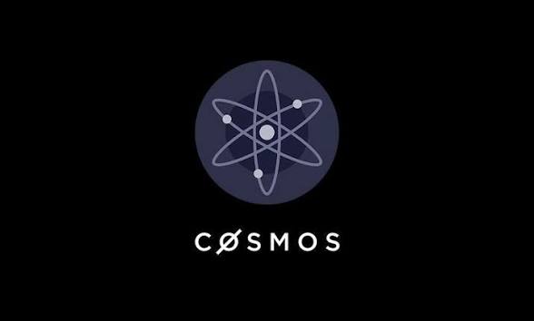 A minimalist logo design on a black background features a dark purple circular icon of an atom above the text 'CØSMOS' with a slashed 'O'.