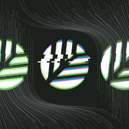 Abstract digital art with glitch-effect circular logos in green, white, and purple on a dark background with flowing lines.