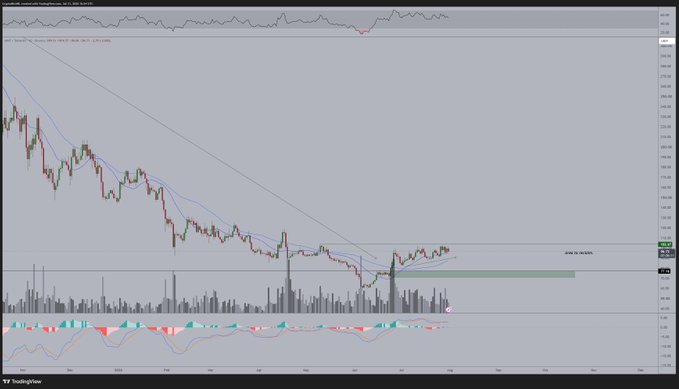 A TradingView chart of AAVE/USD on Coinbase shows a downward trend line being tested after a period of consolidation, with the stock recovering from a June low toward a marked "June 12, 2024" horizontal level, supporting the post's expectation of a bullish breakout heading into August.