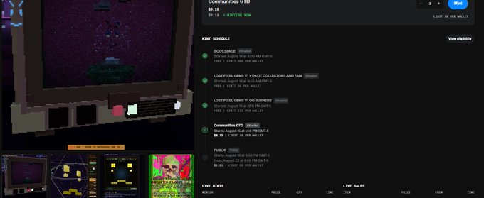 A webpage showing trading information for Communities GTO ($GTO) with a value of $0.28, including next schedules, recent sales, and other market data.
