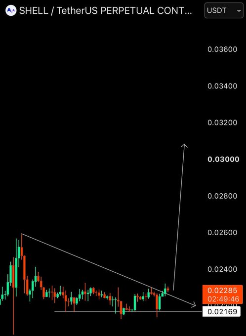 A cryptocurrency trading chart for SHELL/TetherUS Perpetual Contract showing price action with an upward arrow breakout pattern from a descending trendline.