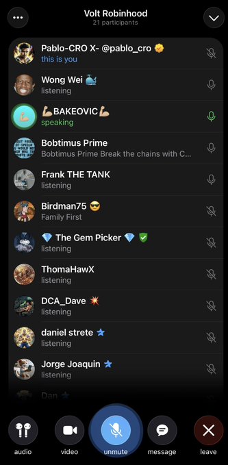 A screenshot of a Telegram voice chat titled 'Volt Robinhood' showing 21 participants, with user 'Pablo-CRO' identified as 'you' and 'BAKEOVIC' actively speaking.