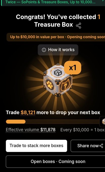 A mobile screen displays a congratulatory message reading "Congrats! You've collected 1 Treasure Box," showing a glowing orange and gold cube icon with "x1" and indicating the user has an "Effective volume $11,878" needing to "Trade $8,121 more to drop your next box," with options to "Trade to stack more boxes," "Share now," and "Open boxes · Coming soon," reinforcing the post's announcement that the Treasure Box opening event is imminent and encouraging users to continue stacking before the big reveal.