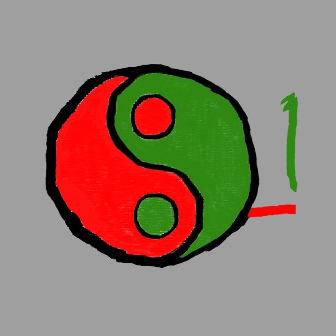 A digitally drawn yin-yang symbol with red and green halves, featuring small circles of opposite colors within each half.