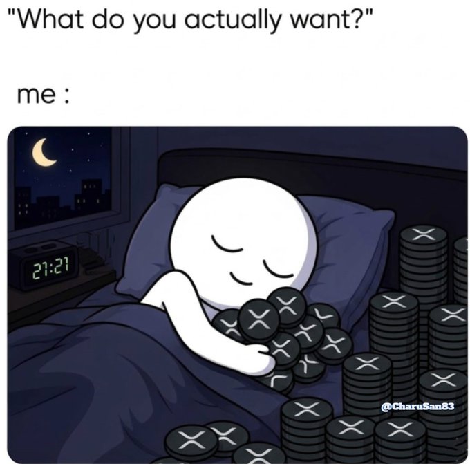 The image features a cartoon character, likely a white man or boy, sleeping on a bed with a pillow. Surrounding him are stacks of black coins, possibly representing Bitcoins. The caption at the top reads "What do you actually want?".