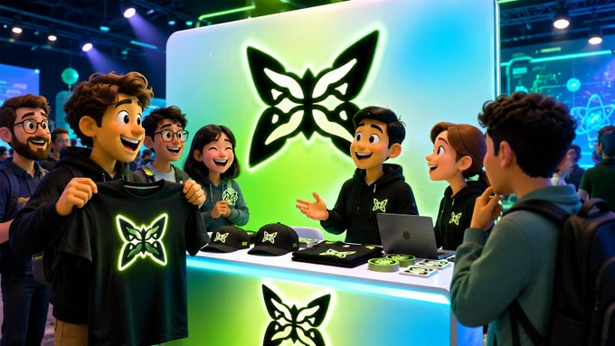 A 3D-rendered scene of an esports or gaming event booth featuring a glowing butterfly logo, with cartoon characters displaying branded apparel including hoodies, caps, and merchandise.