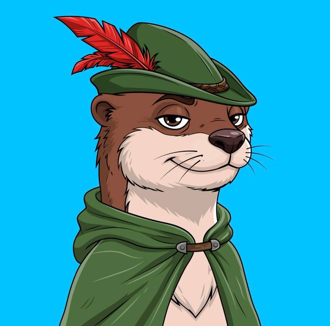 A cartoon illustration of an otter wearing a green hat with a red feather and a green cloak.