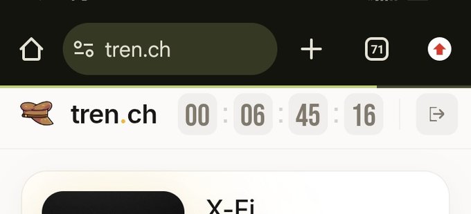 A web browser displays tren.ch, with a countdown timer showing 00:06:45:16 (approximately 6 hours, 45 minutes, and 16 seconds remaining), corresponding to the "tren.ch/@Earnerfun" airdrop deadline mentioned in the post.