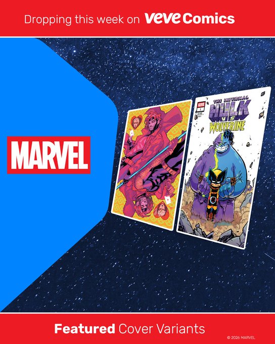 A promotional image for VeVe Comics announces this week's drop of Marvel featured cover variants, showcasing two comic covers against a starry cosmic background—one featuring a pink-toned character holding a sword, and the other titled "The Immortal Hulk vs. Wolverine." The Marvel logo is prominently displayed on the left, tying into the post highlighting the latest Marvel variant cover releases available on the VeVe digital collectibles platform.