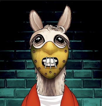 A cartoon-style NFT illustration of a llama/alpaca character wearing a hockey mask (like Jason Voorhees), with large eyes and an orange jacket against a brick wall background.