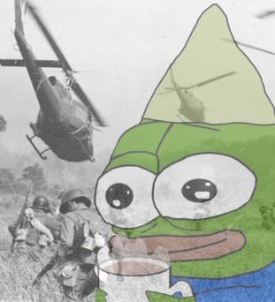 A black-and-white photo of soldiers and a helicopter overlaid with a cartoon Pepe the Frog meme character wearing a pointy hat.