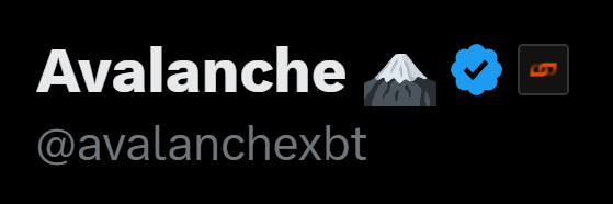 A black banner with white text reading 'Avalanche' alongside a snow-capped mountain emoji, blue verified checkmark, and red logo, with '@avalancheXBT' handle below.