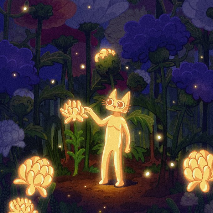 An illustration of a glowing, cat-like humanoid figure standing among large purple and yellow flowers at night, surrounded by fireflies.