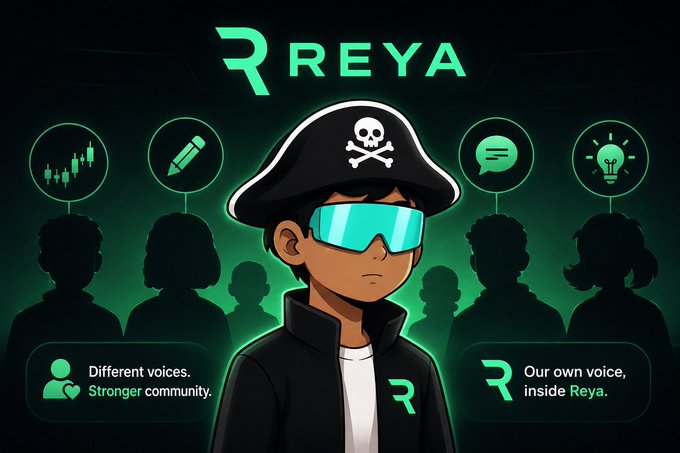A cartoon pirate character with a skull-and-crossbones hat and glowing blue VR-style glasses is featured in a green-themed "REYA" promotional graphic with icons for charts, editing, messaging, and ideas.