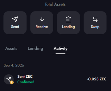 The image shows a cryptocurrency wallet interface displaying a total balance with Send, Receive, Lending, and Swap options, along with an Activity tab showing a confirmed transaction on Sep 4, 2026 of "-0.023 ZEC" sent. The screenshot serves as evidence for the warning post, documenting the loss of 0.023 ZEC in what appears to be a failed NFT trade with @zec_bit.