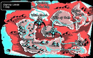 A pixel-art fantasy map titled 'Eaping Lands at the Mountain of the Ruby,' featuring locations like 'Winter Woods,' 'Village of Scarby,' 'Devil Lands,' 'Haunted Forest,' and 'Water of Nowhere.'