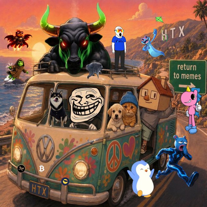 A chaotic meme collage featuring a hippie VW van loaded with characters including a black minotaur, trollface, doge, and a 'return to memes' sign, with cryptocurrency and HTX logos.