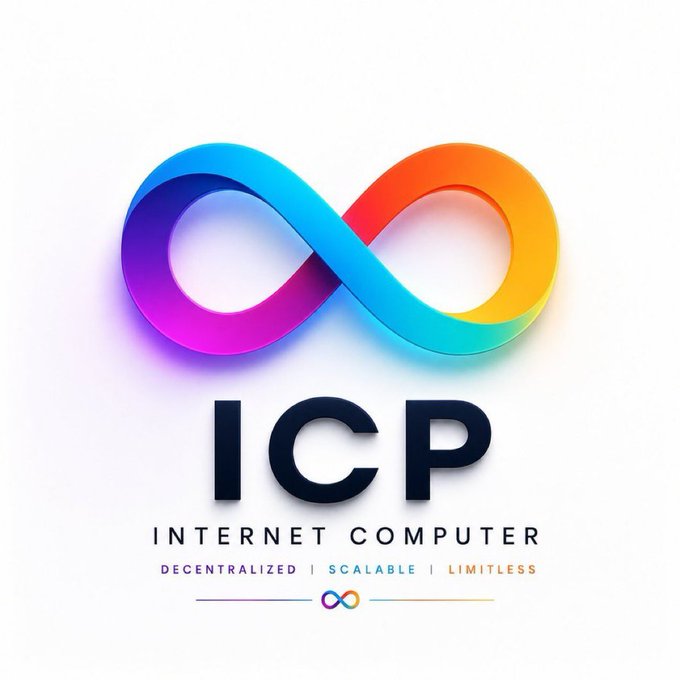 A logo graphic for 'ICP INTERNET COMPUTER' features a 3D rainbow-colored infinity symbol above the text 'DECENTRALIZED | SCALABLE | LIMITLESS' on a white background.