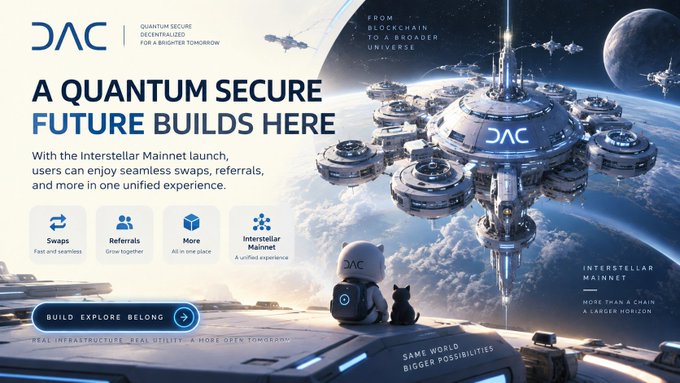 A promotional banner for DAC's 'Interstellar Mainnet' featuring a futuristic space station, planet, and robotic figure, promoting a quantum secure blockchain future.