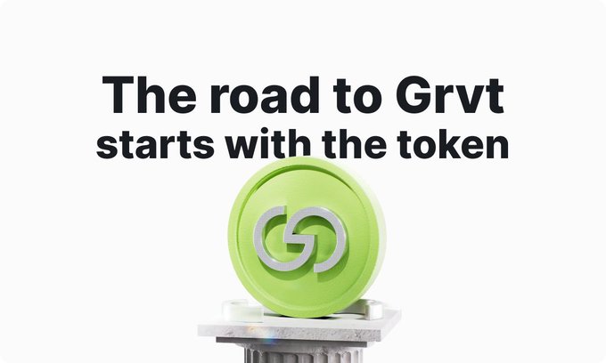 A bright green GRVT token stands on a pedestal beneath the headline, “The road to Grvt starts with the token.” The image visually introduces the token as the starting point for learning about GRVT’s roadmap and Grvt Earn tokenized fixed-income strategies with target yields of up to 11%.