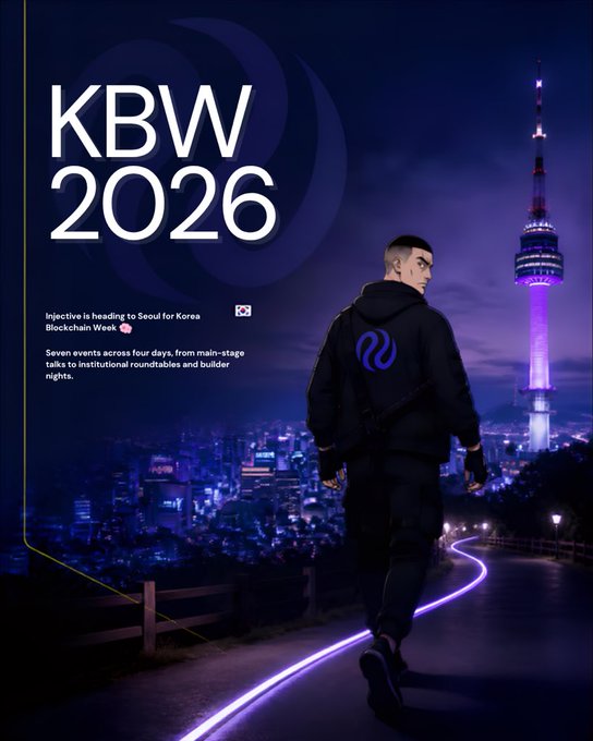 A promotional poster for 'KBW 2026' announcing 'Injective is heading to Seoul for Korea Blockchain Week,' featuring an illustrated figure with the Injective logo walking toward a nighttime cityscape with a tower resembling N Seoul Tower.