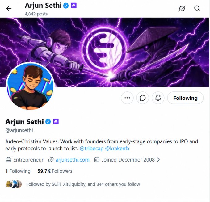 A Twitter/X profile for verified user Arjun Sethi (@arjunsethi) with 59.7K followers, featuring an anime-style purple banner and a bio reading 'Judeo-Christian Values. Work with founders from early-stage companies to IPO and early protocols to launch to list. @tribecap @krakenfx'.