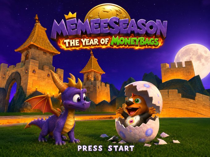 This image appears to be a video game title screen for "MEMEESEASON: The Year of Moneybags," featuring the iconic Spyro the Dragon character alongside what looks like a Moneybags character hatching from an egg, set against a castle backdrop with a "PRESS START" prompt at the bottom.

The meme cleverly references this title screen to promote the $MEMESEASON cryptocurrency token on Solana, using the recognizable "Moneybags" reference (likely alluding to the meme coin market's pursuit of profits) to humorously frame crypto speculation as a video game adventure, with the post urging viewers to keep the token "on the radar" as an early narrative play.