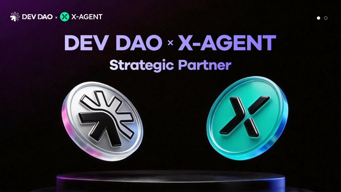 Promotional graphic announcing DEV DAO × X-AGENT as Strategic Partners, featuring their respective coin logos on a dark background with purple text.