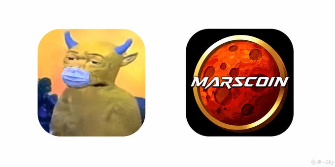 Two app icons are displayed: on the left, a humorous image of a bull wearing a face mask, and on the right, a red planet with the text 'MARSCOIN'.