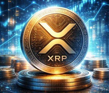 A digital rendering of a gold XRP cryptocurrency coin displayed on stacked coins against a blue glowing tech background.