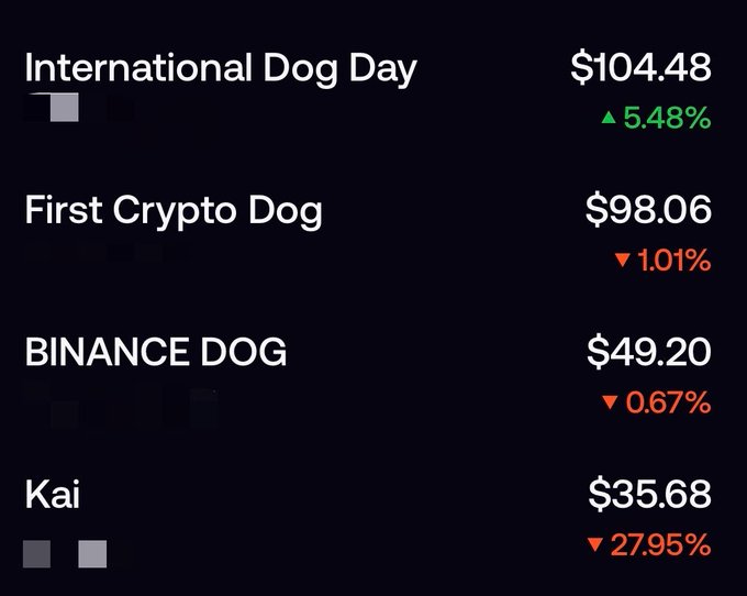 A market screen shows dog-themed crypto tickers and prices: International Dog Day at $104.48 (+5.48%), First Crypto Dog at $98.06 (-1.01%), BINANCE DOG at $49.20 (-0.67%), and Kai at $35.68 (-27.95%). The sharp drop in Kai—and other red figures—reinforces the poster’s fear of being rugged after impulsively bidding on low-cap dog coins.