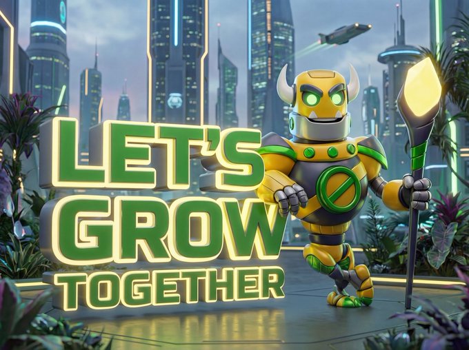 A 3D-rendered yellow and green robot character holding a staff, standing in a futuristic city with the text 'LET'S GROW TOGETHER' displayed in large green letters.