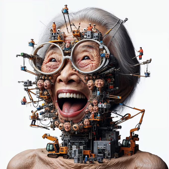A surreal digital artwork depicting an elderly woman with oversized round glasses, her face and head surrounded by tiny construction cranes, workers, excavators, and multiple smaller faces in an industrial, mechanical collage.