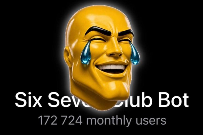 The image features the iconic crying-laughing yellow emoji face with tears streaming down, alongside text reading "Six Seven Club Bot" and "172 724 monthly users" against a black background. This relates to the post by promoting the SixSevenApp bot, using the viral "67" meme imagery to advertise its boost feature that helps users earn Telegram score in the MOG Arena.