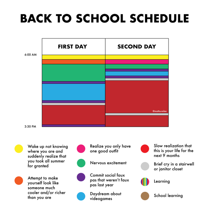 A humorous 'BACK TO SCHOOL SCHEDULE' chart comparing a 'FIRST DAY' and 'SECOND DAY' from 6:00 AM to 3:30 PM, with color-coded blocks representing emotions like 'Nervous excitement,' 'Learning,' and a 'Brief cry in a stairwell' credited to @mattureview.