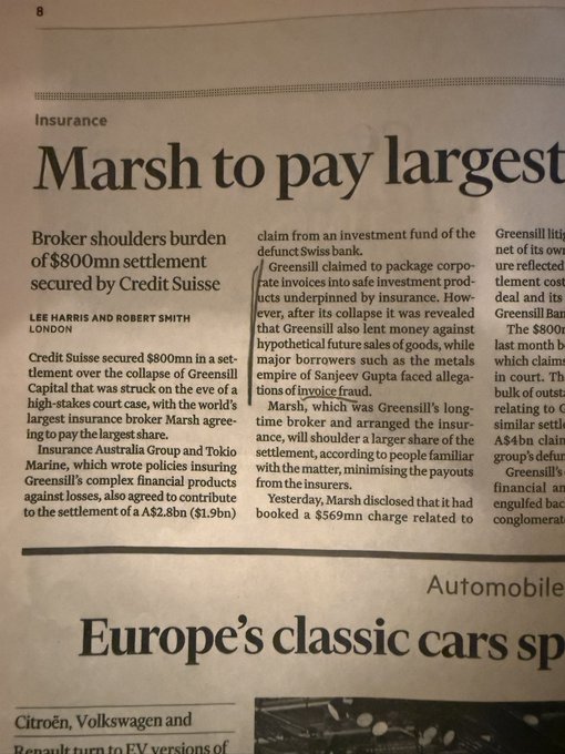 A newspaper clipping with the headline 'Marsh to pay largest' under an 'Insurance' section, bylined by Lee Harris and Robert Smith, discussing an $800mn settlement related to Greensill Capital, Credit Suisse, and Tokio Marine.