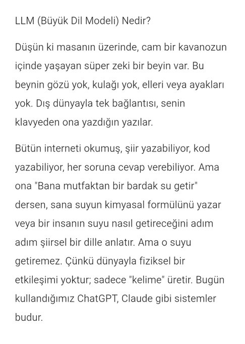 The image shows a Turkish text explaining what an LLM (Large Language Model) is, using a metaphor of a super-intelligent creature trapped in a glass jar that can read and write but cannot physically interact with the world. The text notes that systems like ChatGPT and Claude are examples of LLMs, aligning with the post's educational purpose of explaining AI concepts to make them accessible.